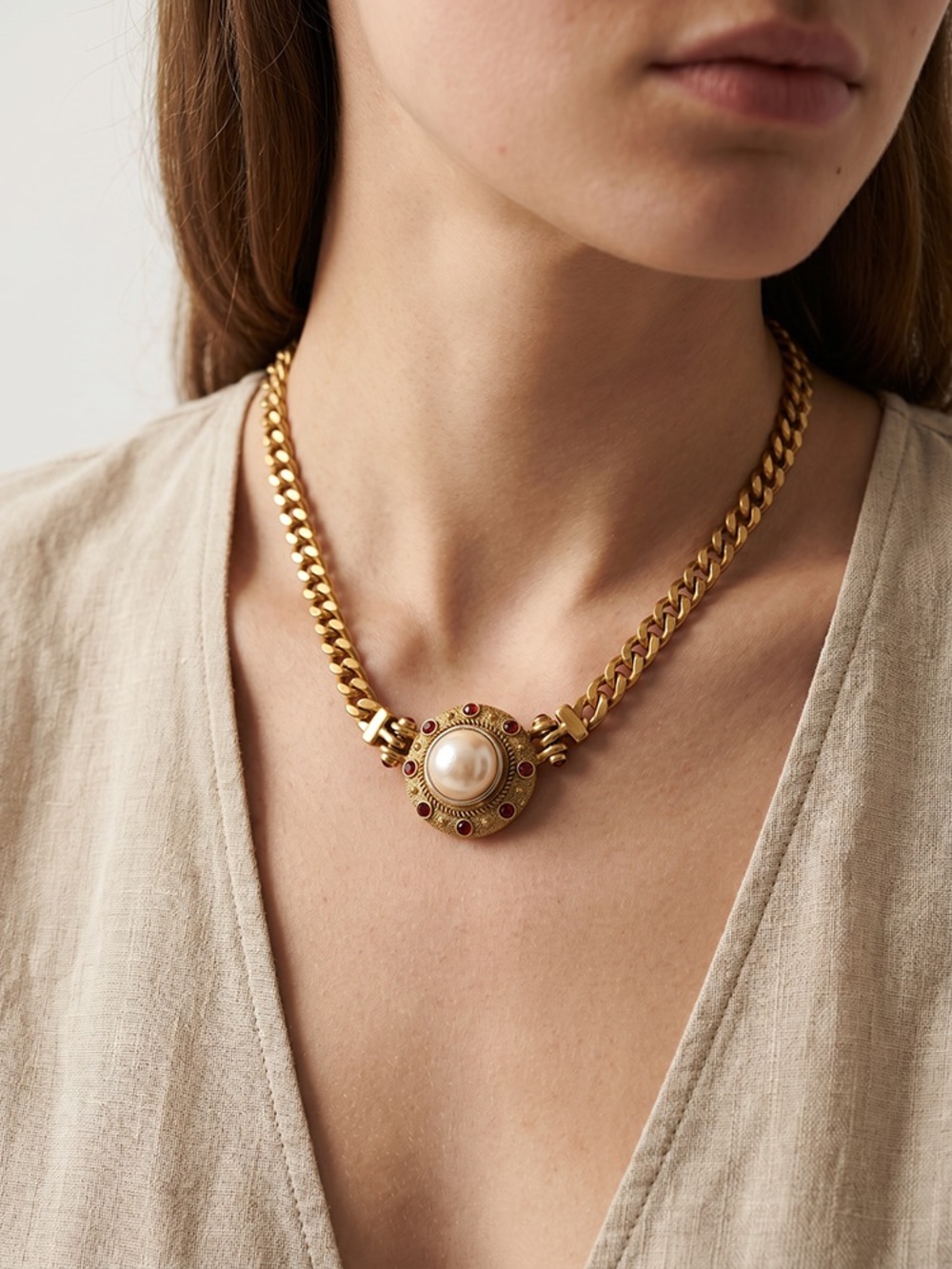 2 in 1 replaceable Cham Gold Chain Necklace with Pearl Center